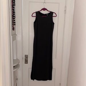 Elegant Dark Gray and Cream Sleeveless Silk Maxi Dress with Side Slits